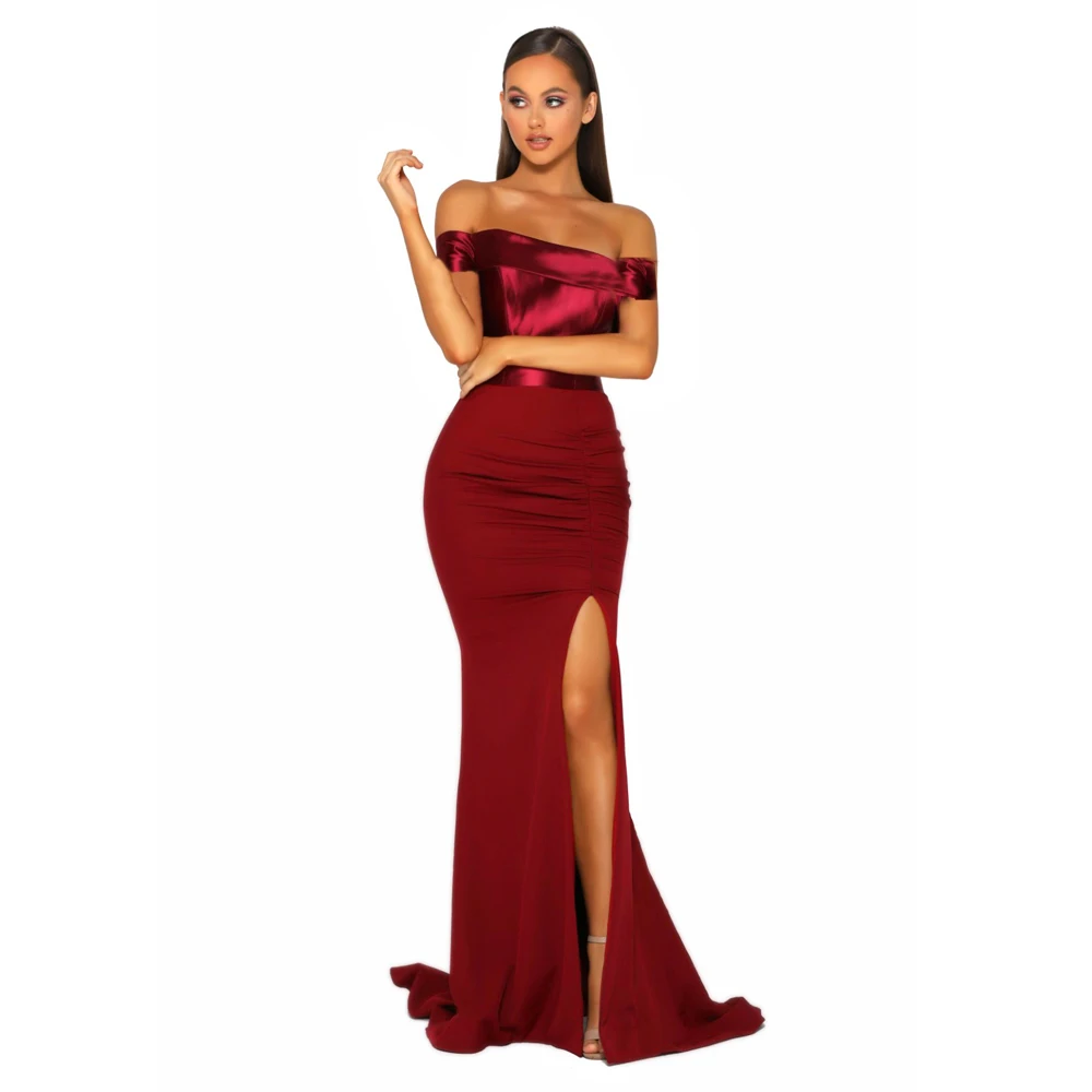 

Off The Shoulder Maxi Dress Slash Neck Split Leg Stretch Pleated Satin Patchwork Floor Length Dress Night Mermaid Dress