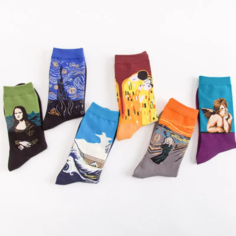 5pair/lot Men Socks Long Cotton Happy Sock Men Funny Art Dress Socks Color Crew Men\'s Fashion Set Print Van Gogh Art Socks