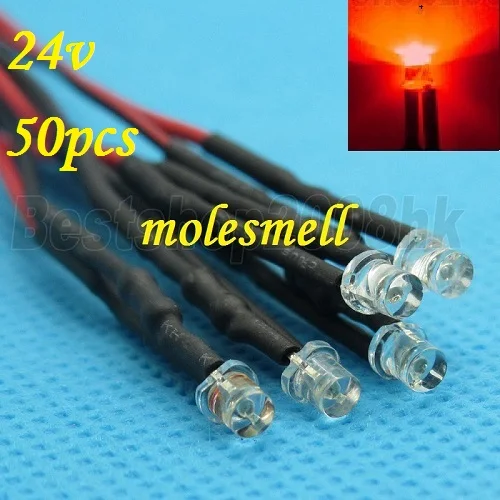 

Free shipping 50pcs 3mm 24v Flat Top Red LED Lamp Light Set Pre-Wired 3mm 24V DC Wired 3mm big/wide angle red 24v led