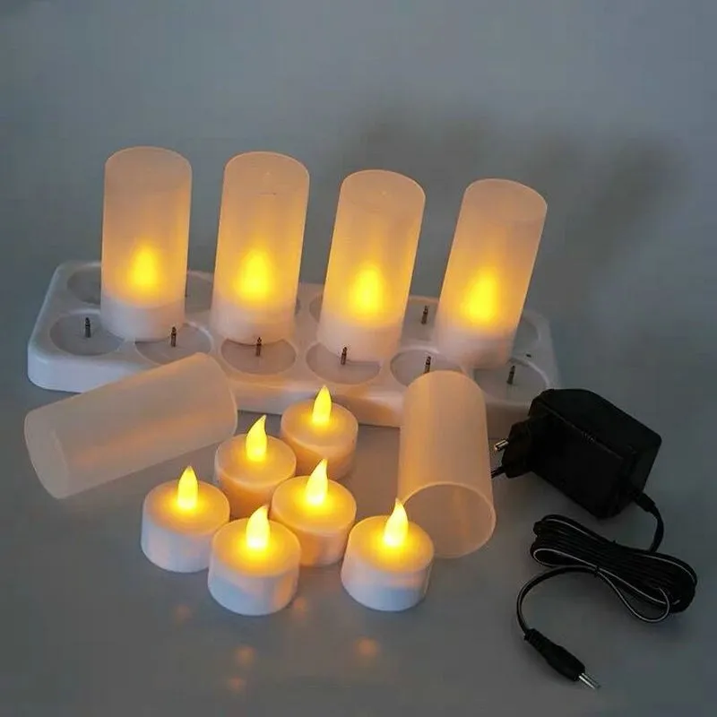 مجموعة من 12 LED قابلة للشحن عديمة اللهب TeaLight شمعة كهربائية نذري Waxless آمنة الدافئة المنزل الزفاف الكنيسة بار الجدول ديكور-العنبر