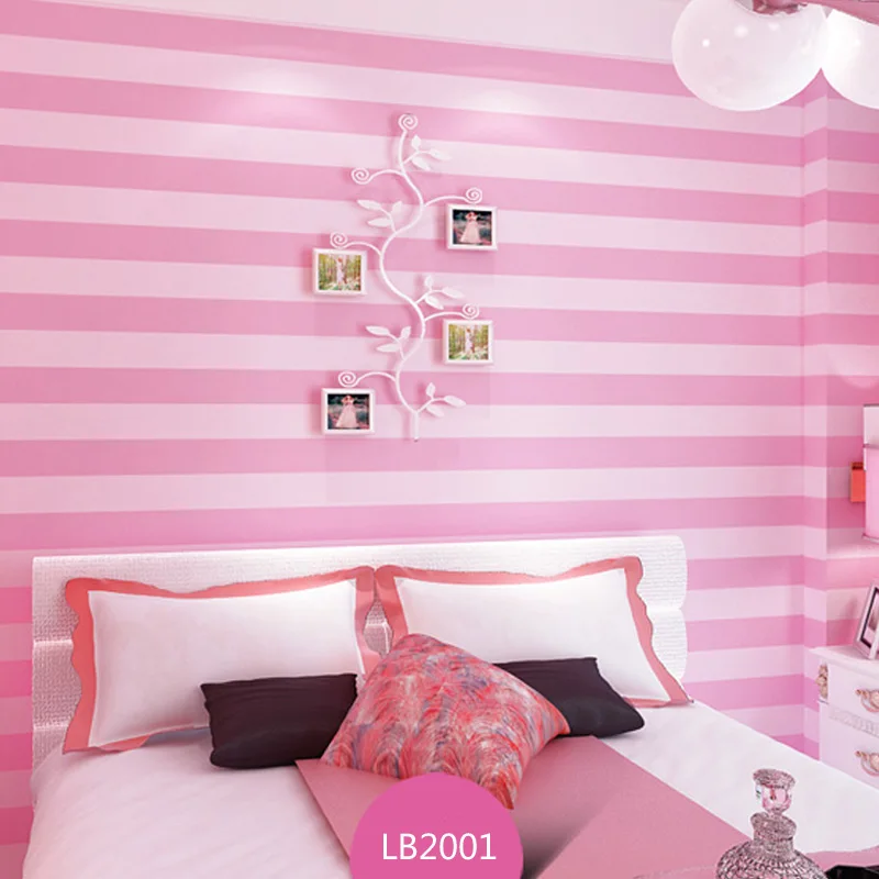 Q QIHANG Korean Style Stripes Pattern Simple Non-woven Girl's Bedroom Living Room Cartoon Theme Party Wallpaper 0.53m*10m=5.3m2