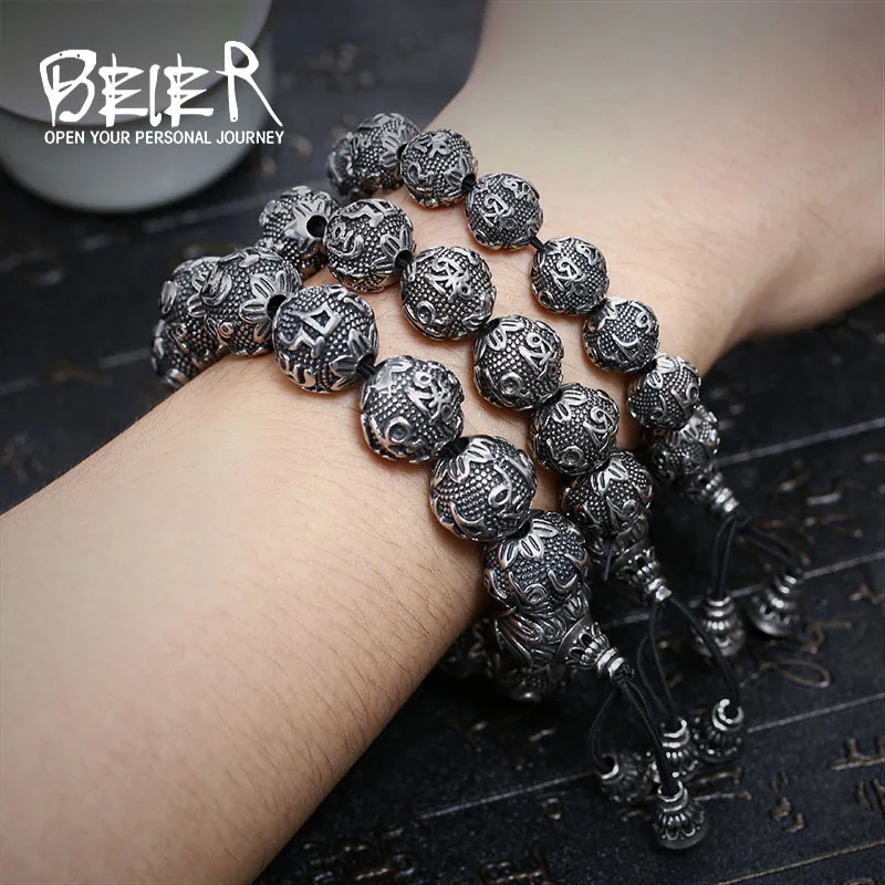 BEIER Fashion Men\'s High Polished Stainless Steel Buddhism Mantra Bracelet Bring Jewelry BC8-029