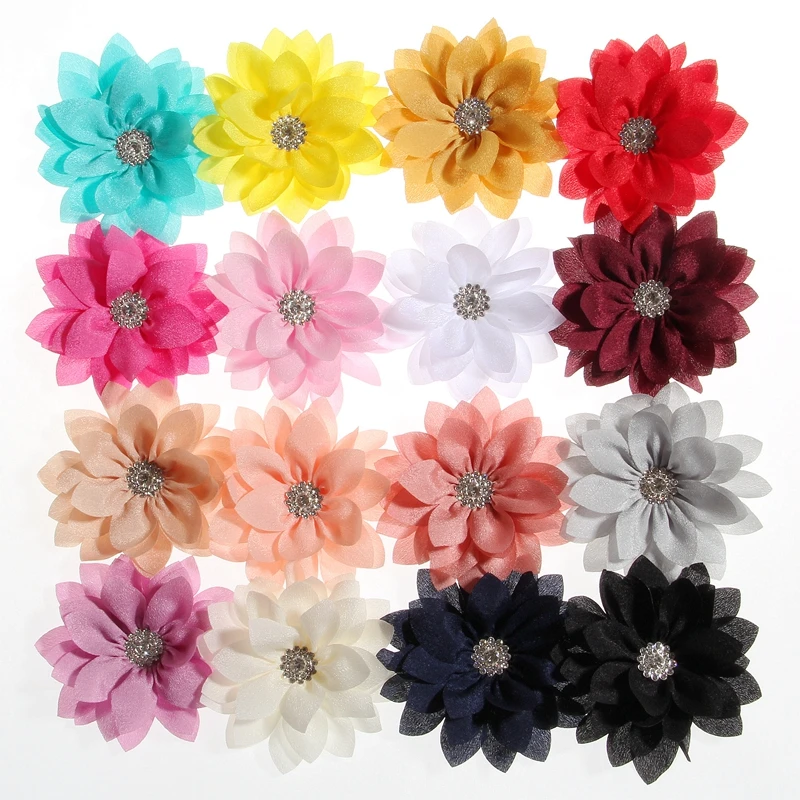 

10PCS 3.4" 8.5CM Fashion Lotus Leaf Flowers With Rhinestone For Hair Clips Chiffon Flowers For Hair Accessories Headbands