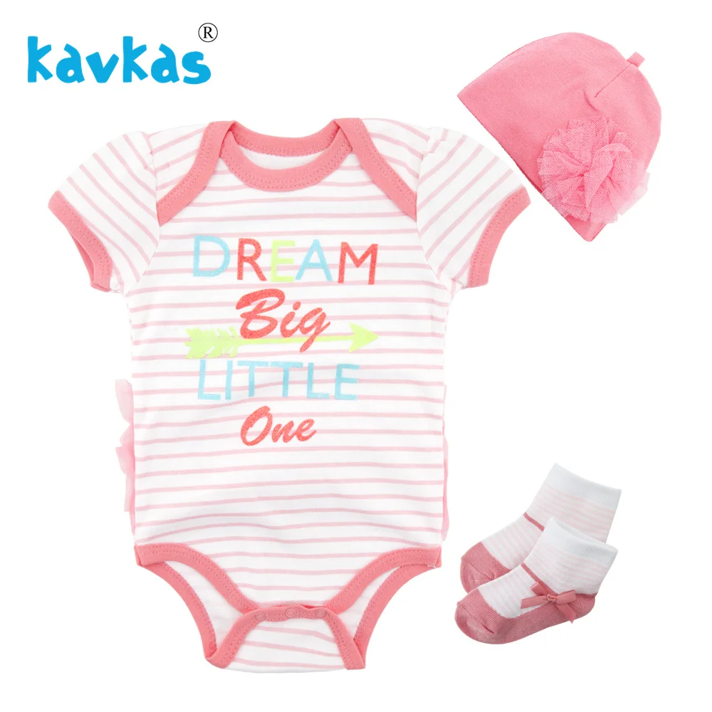 

Kavkas Baby Bodysuit Sock Hat 3pcs Clothes Set Summer Newborn Baby Girl Jumpsuits