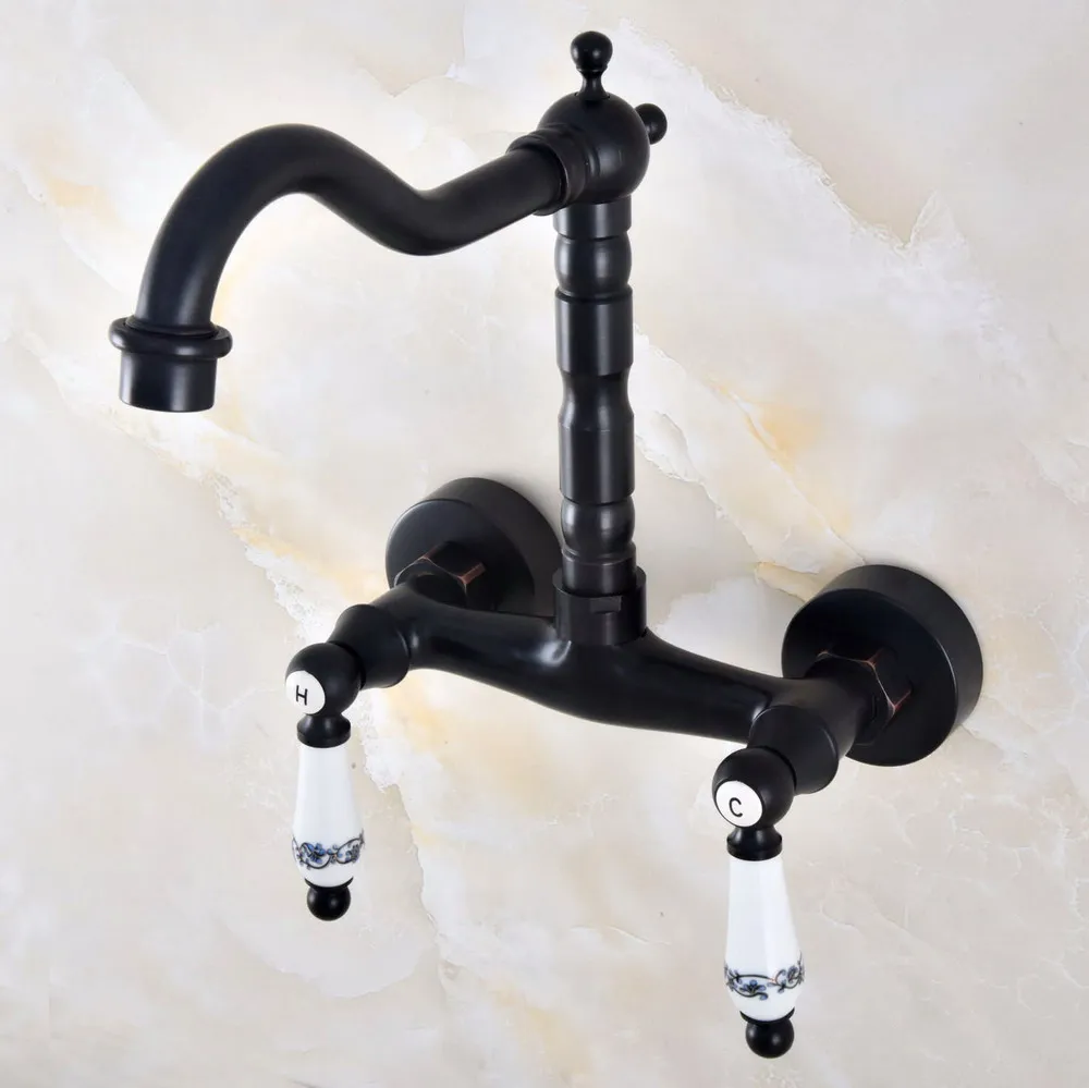 Cucina Wet Bar Bagno Vessel Sink Rubinetto In Ottone Lucidato Olio Nero A Parete Girevole Miscelatore del Becco del Rubinetto Miscelatore A Doppio di Ceramica Leva mnf827