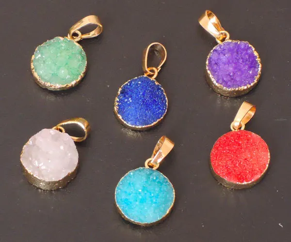 

Mixed Colors Crystal Druzy Flat Round Pendant With Side Gold-plated Approx 15mm