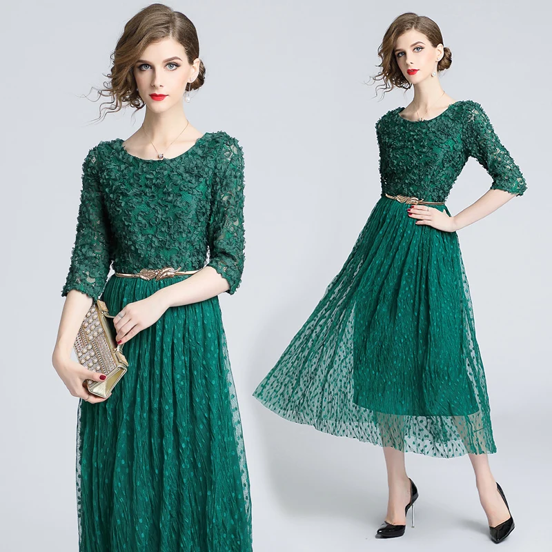 

2019 autumn new temperament cut flower lace stitching dot pleated mesh round neck dress