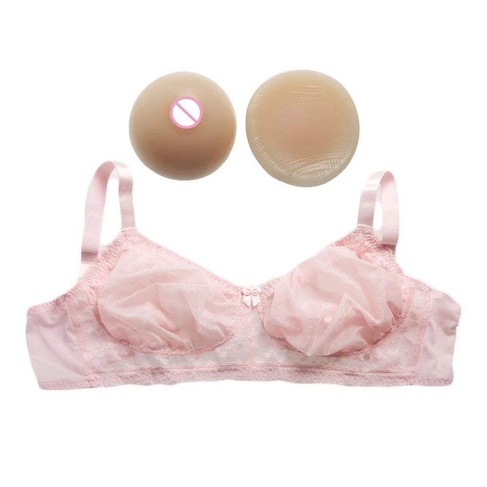 

85 A cup drag queen silicone boobs false breasts form with lace bra pink black