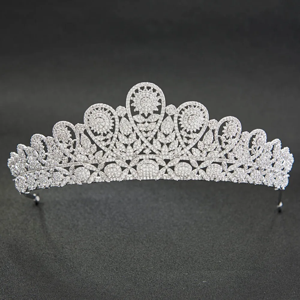 Classic CZ Cubic Zirconia Flower Wedding Bridal Silver Tiara Diadem Crown Women Girl Prom Party Hair Jewelry Accessories S00037