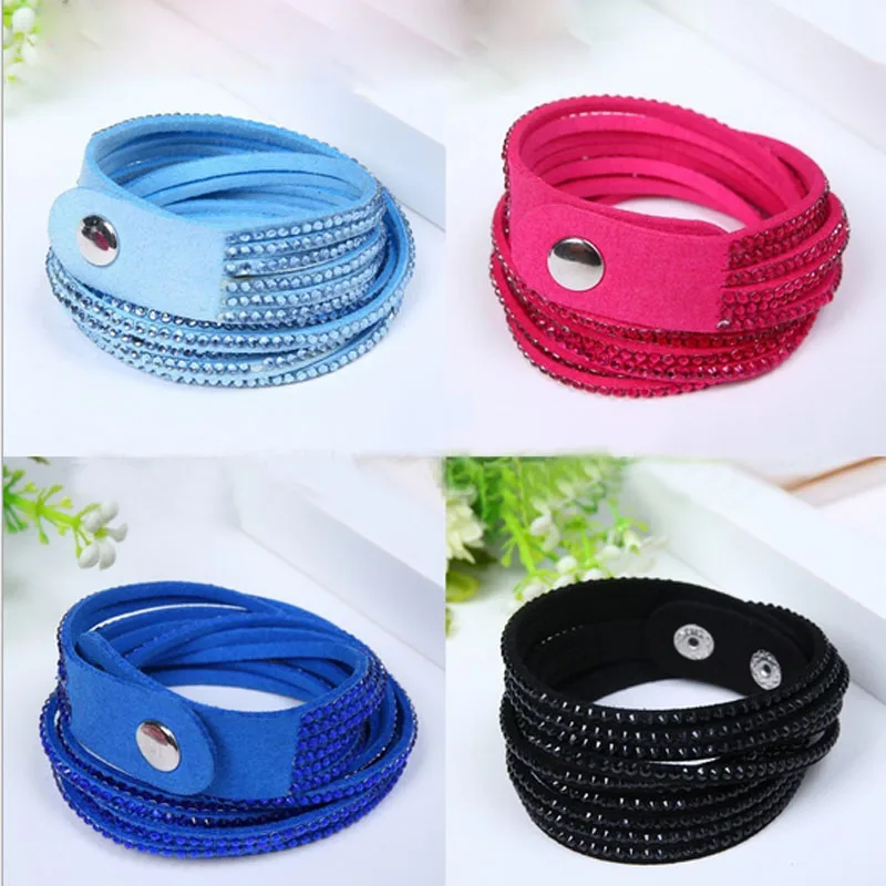 Shiny Handmade Leather Bracelets Couro With Full Crystal Wide Men Women Bracelet Bangles New arrvial Gift Jewelry 1.8cm *40cm