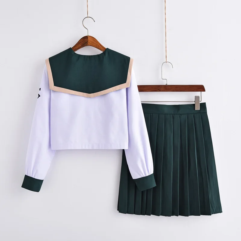 Japanese Jk School Uniform For Girls Embroideried Logo Short Sleeve High School Women Casual Sailor JK Uniforms Sets Green XXL