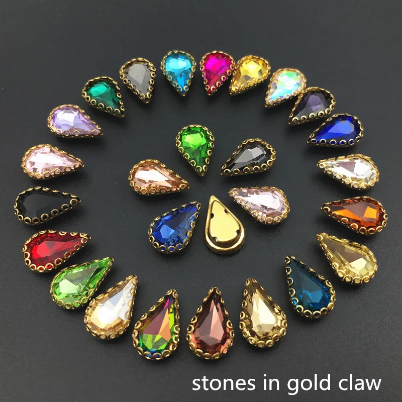 6x10 8x13 mm Teardrop sew on rhinestones gold/silver lace claw  pear shape Glass Crystal DIY wedding decoration Accessories