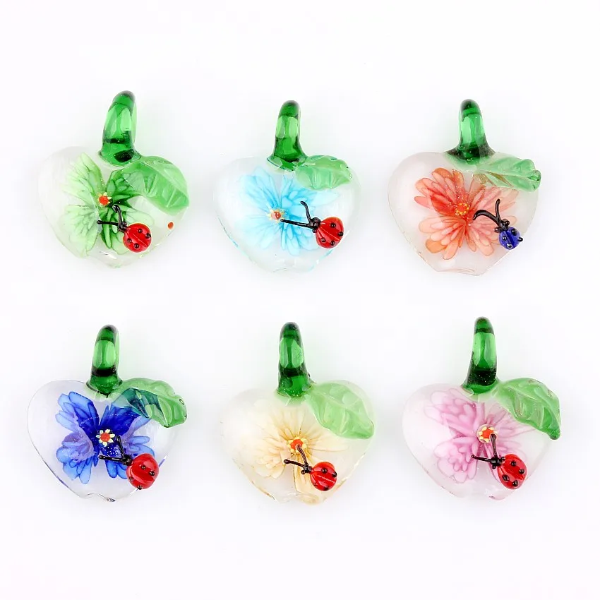 Qianbei-Lovely Apple Insect Pendant, Handmade Murano Lampwork Glass, Mix Colorfit Necklace, Jewelry Gift, Hot, Wholesale, 6Pcs