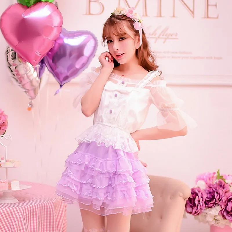 

Princess sweet lolita shirt Candy rain summer fairy princess Dew shoulder Net yarn patchwork lace short sleeves blouse C15AB5676