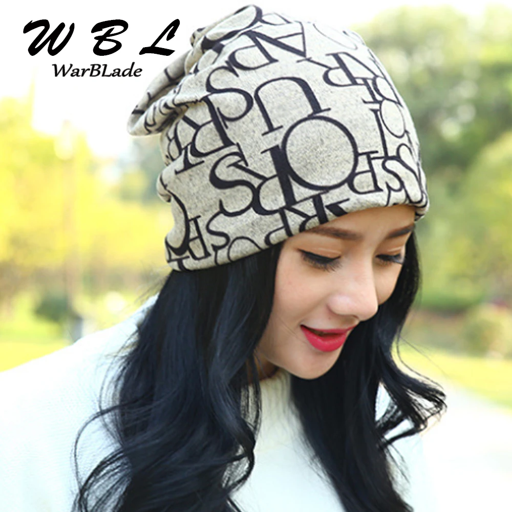 WarBLade Women\'s Warm Autumn Knitting Cotton Letter Style Autumn Hat Ladies Beanie Scarf 3 Use Cap Girls Gorros Women Skullies