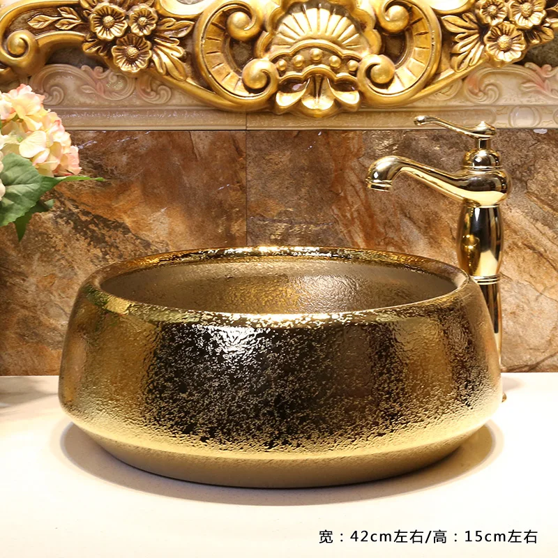 

Europe Vintage Ceramic Art Basin Sink Counter Top Wash Basin Bathroom Vessel Sinks vanities bathroom sinks washing basin gold