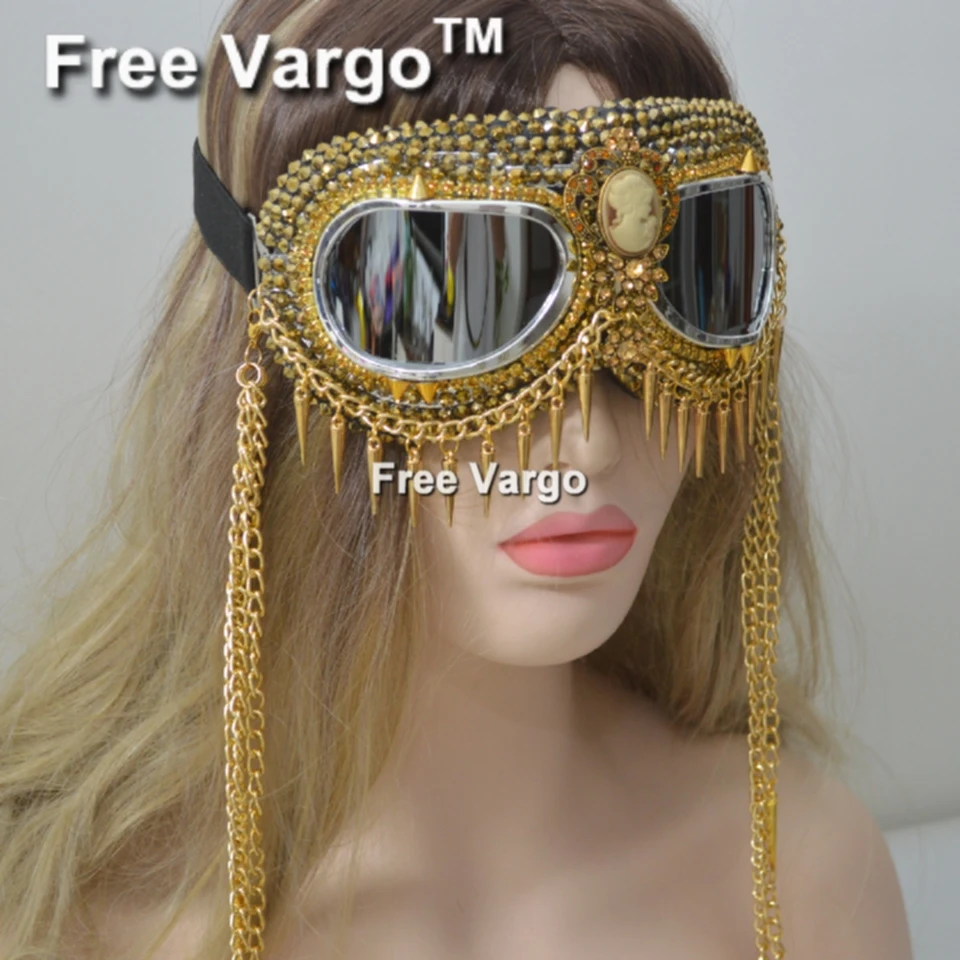 Holographic Gold Rhinestone Rave Streampunk Burning Man Goggle Chain Spike Costume Cyber Goth Goggles Stage Dj  Mask For Women