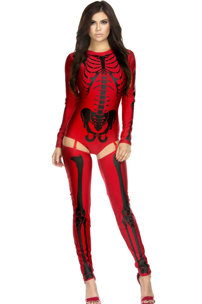 Female Human Bone Costume Scary Halloween Costumes For Women Skeleton Skull Bodysuit+Socks