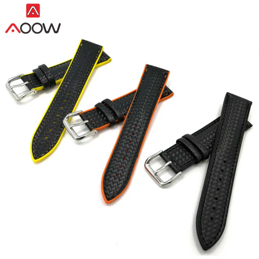 18mm 20mm 22mm Silicone Strap Carbon Fiber Leather Sweat proof Rubber Replacement Bracelet Band Men Watch Accessories Orange