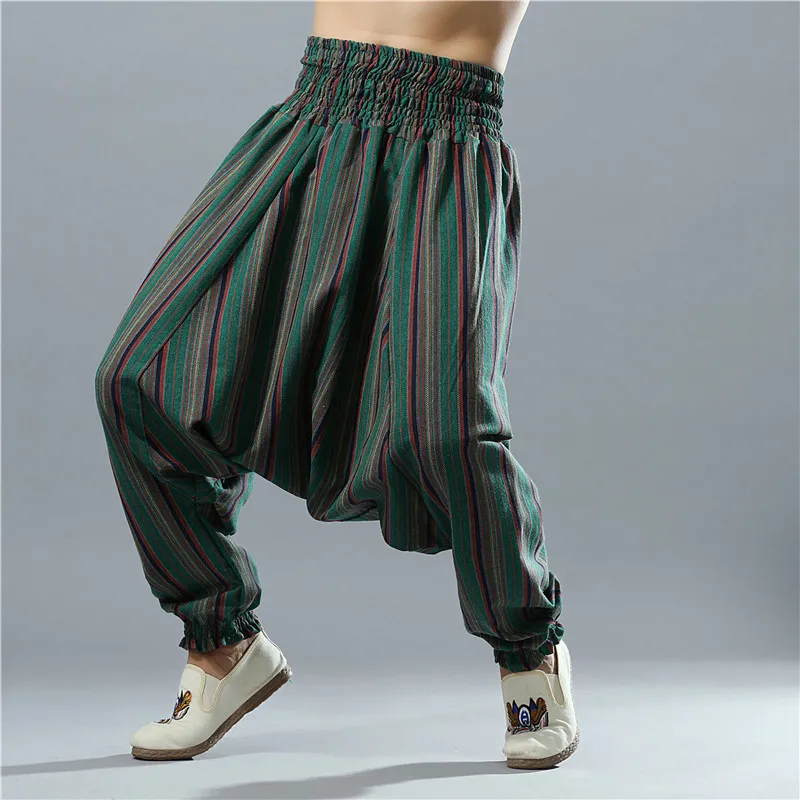 LZJN Unisex Nepalese Style Striped Cotton Linen Joggers | Cross-Crotch Pants  Yoga Street Organ Stripe Harem Pants