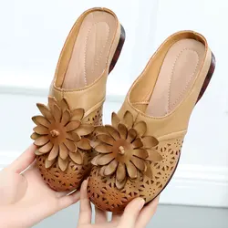 GKTINOO Vintage Genuine Leather Women Slippers Summer Shoes Flat Retro Slip On Flowers Hollow Sandal Shoes Sandalias Mujer