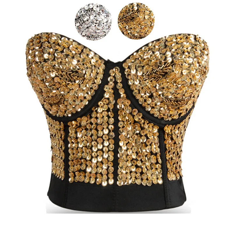 Striking Gold Sequin & Beading Studded Belly Dance Bra Top Sexy Bustier Underwear Women Bra Push Up Bralette Punk Rock Brassiere