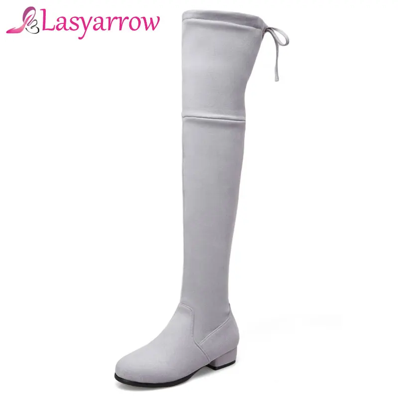 Lasyarrow2018 New Autumn Round Toe Thick Bottom Over the Knee Boots Low Square Heel Thigh High Boots Lace Up Stretch Botas Mujer