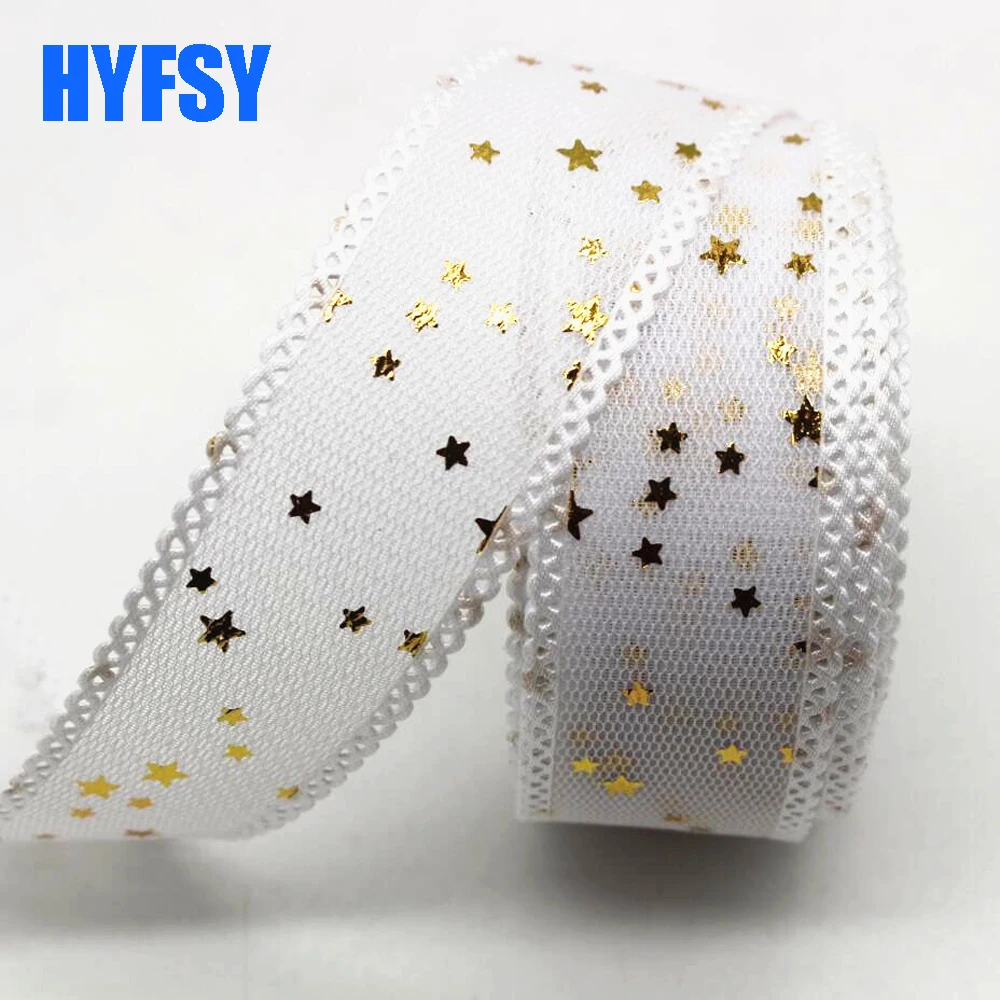 20 Yards 25MM Gold Star Pentacle Lace Ribbon DIY Handmade Material Hair Bows Accessories Colorful Gift Wrapping