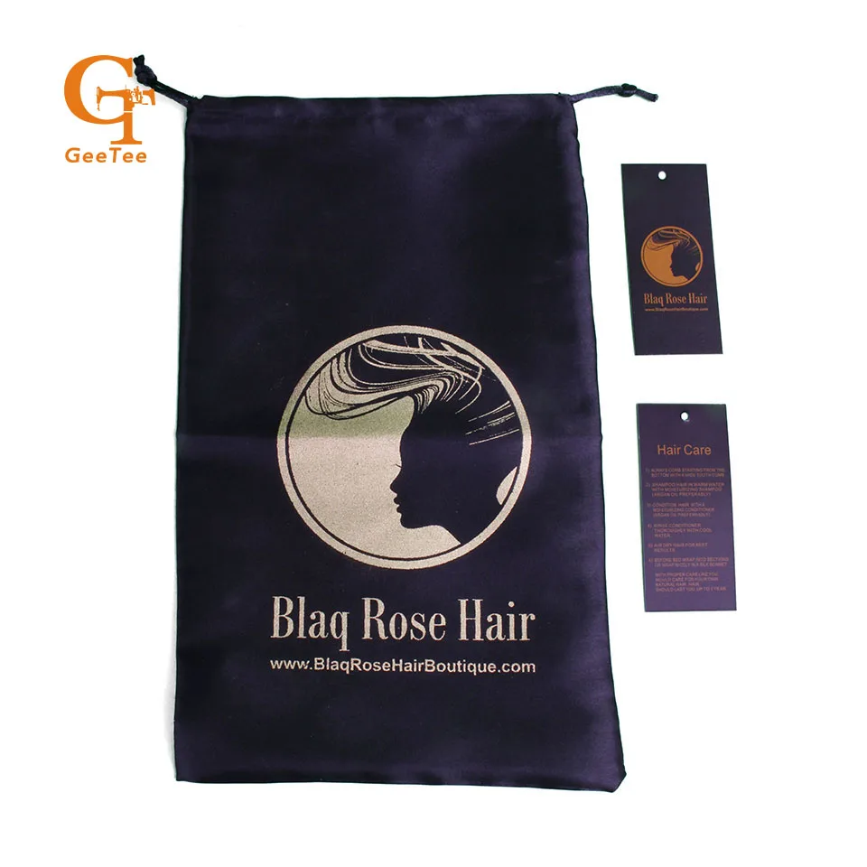 Custom Hair extension packaging satin silk bags and paper swing tags labels,human Virgin hair packing bags and hair care tags