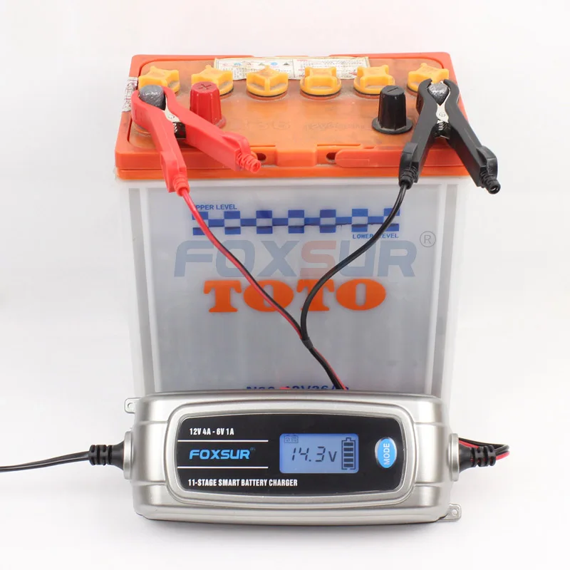 FOXSUR-cargador de batería inteligente para coche, dispositivo de carga de 12V, 4A, 6V, 1A, 11 etapas, 6V, 12V, EFB, GEL AGM, húmedo, con pantalla