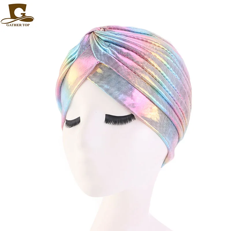 Colorful New Women Laser Silky Ruffle Metallic Turban Hair Cover Accessories Wave Caps Bonnet Salon Hat Turban Headwrap