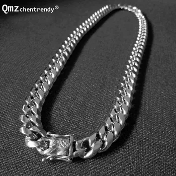 Qmzchentrendy 14mm Stainless Steel Polishing Gold Silver Plated Curb Cuban Chain Necklace Men&#x27;s Hip Hop Dragon Clasp Men Jewelry