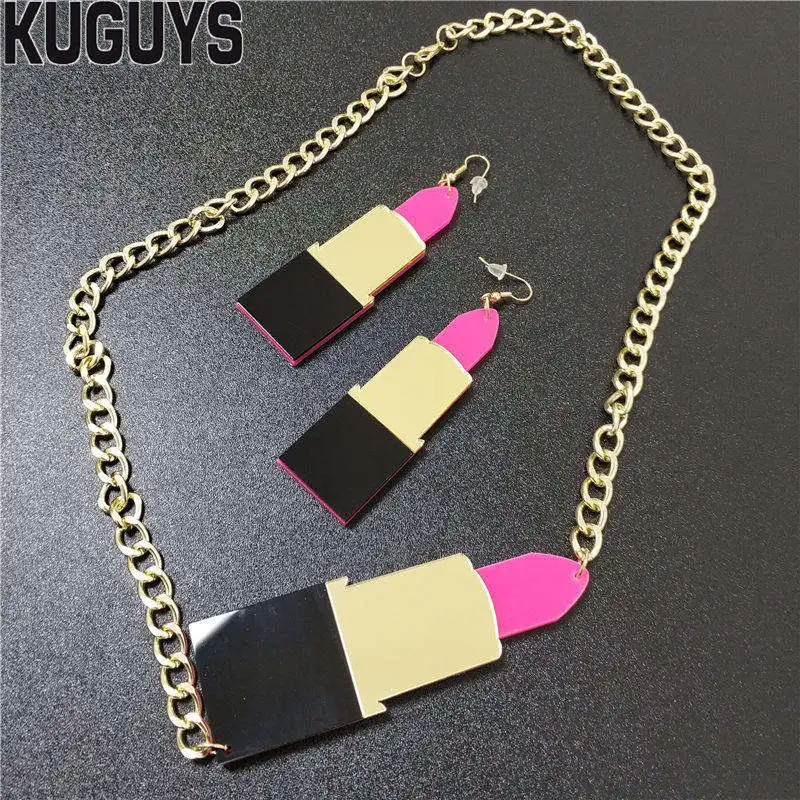 KUGUYS Fashion Jewelry Sets Acrylic HipHop Large Pendant Necklace For Women Lipstick Long Earrings