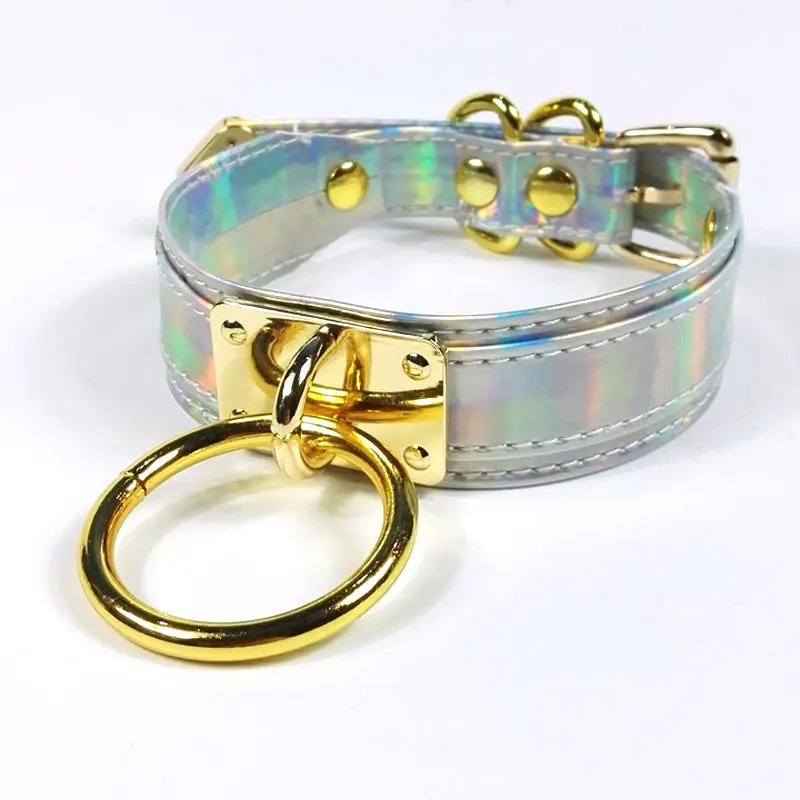 Chic Holographic Choker Punk Handmade Rainbow Laser Choker Gold Metal Harajuku Circle Round Layer pu Leather Necklace