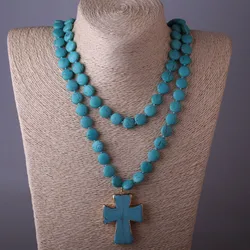 Fashion Bohemian Tribal Artisan Jewelry Flat TurquoiseStone Knotted Cross Necklace