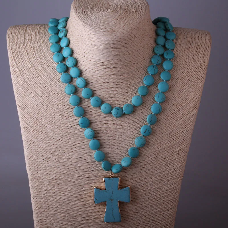 Fashion Bohemian Tribal Artisan Jewelry Flat TurquoiseStone Knotted Cross Necklace