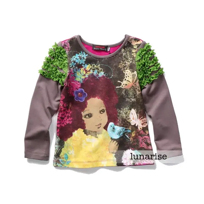 Free Shipping-  girls spring long sleeve t-shirt, fashion girl's T-shirt w/ ruffles details on sleeve, girl autumn shirt