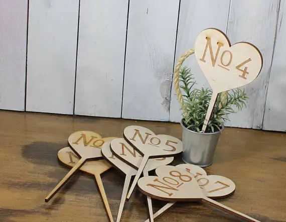 

customize rustic wedding engagement heart wood signs stakes Table Numbers placecards birthday baby shower party decorations