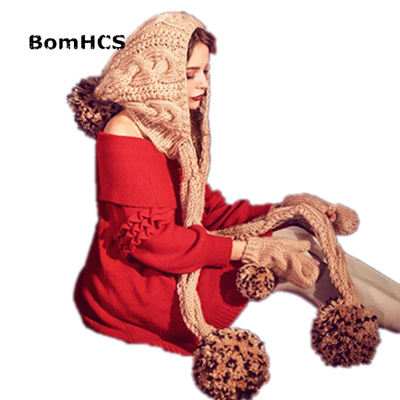 

BomHCS Cute Winter Warm Big Pompoms Beanie with Scarf + Gloves 100% Handmade Knit Hat Neckerchief Mittens