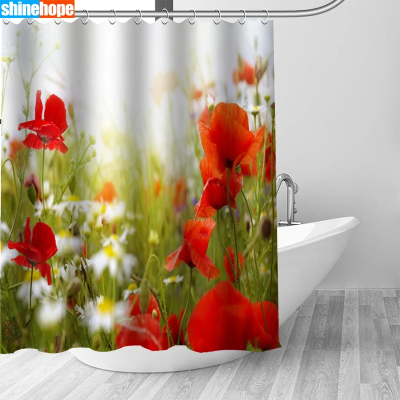 1PC Poppy Shower Curtains for Bathroom Polyester Shower Curtain Printing Curtain Flowers Shower Curtains