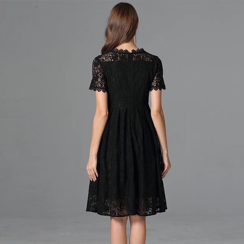 TAOYIZHUAI Summer New Arrival  Black color Big Size Casual Style  A-Line  O-Neck Knee Length   Elegant Women Lace Dress 11698