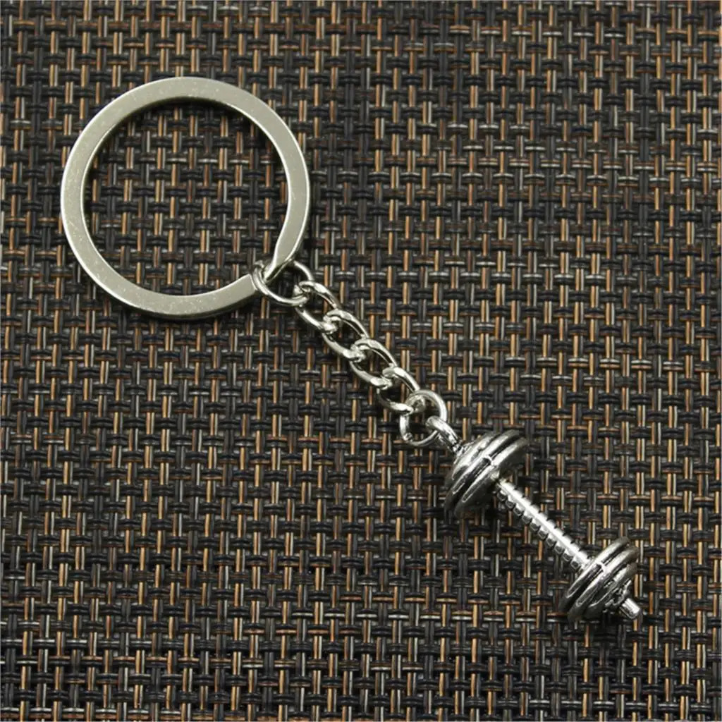 New Fashion Men 30mm Keychain DIY Metal Holder Chain Vintage Fitness Equipment Dumbbell 34x12x12mm Silver Color Pendant Gift