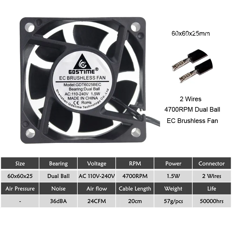 Imagem -05 - Gdstime-ventilador Esférico sem Escova 60 mm x 25 mm 6cm ec 110v 115v 120v 220v Ventilador de Refrigeração Aixal com 10 Peças