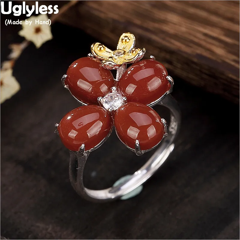 

Uglyless Real 925 Sterling Silver Clover Rings for Women 100% Nature Agate Flower Open Rings Luxury Gemstone Fine Jewelry Floral