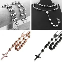 Fashion Religious 4/6/8/10mm Rosary Beads Cross Pendant Necklace 316L Stainless Steel Jewelry Men Womens Jewellery Gift