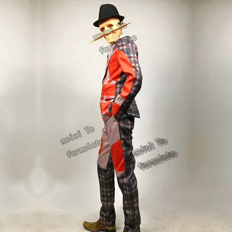 Circus theme red haig suit B + pants + shirt + hat + mask + necklace 6 bars nightclub concert singer dancer costume