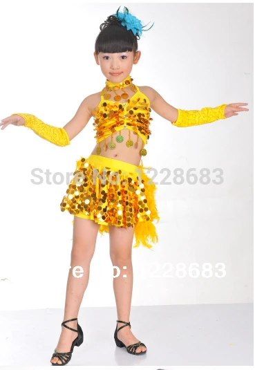 Girls Kids Sequin Glitter Bling Feather Salsa Samba Tango Ballroom Latin Dance Dress Latina Costume Skirts Vestidos De Baile