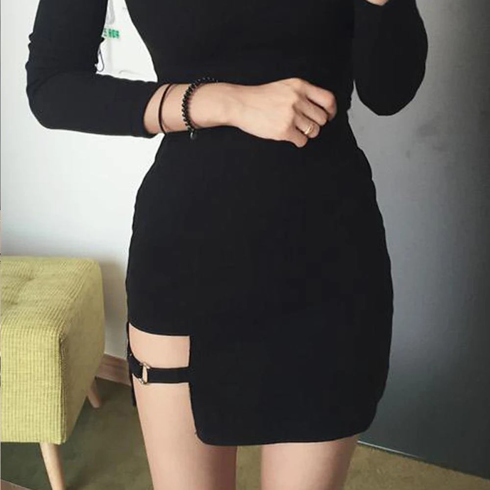 

KLV Women Summer Harajuku Sexy Irregular High Waist Bandage Skirt Female Black Gothic Mini Bodycon Short Skirt Slim Clubwear