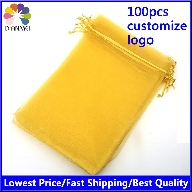 Gold Color Organza Jewelry Bags Cheap Organza Pouches Supply Gift Bags Customized Logo Printing 20x30cm 100pcs/lot Wholesale