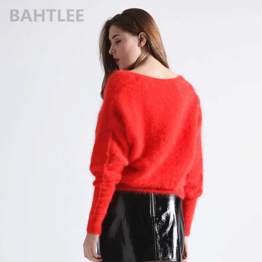 BAHTLEE-Women\'s Angora Rabbit Knitted Pullovers, Sweater, V-Neck Jumper, Batwing Sleeve, Fashion, Keep Warm, Autumn, Winter